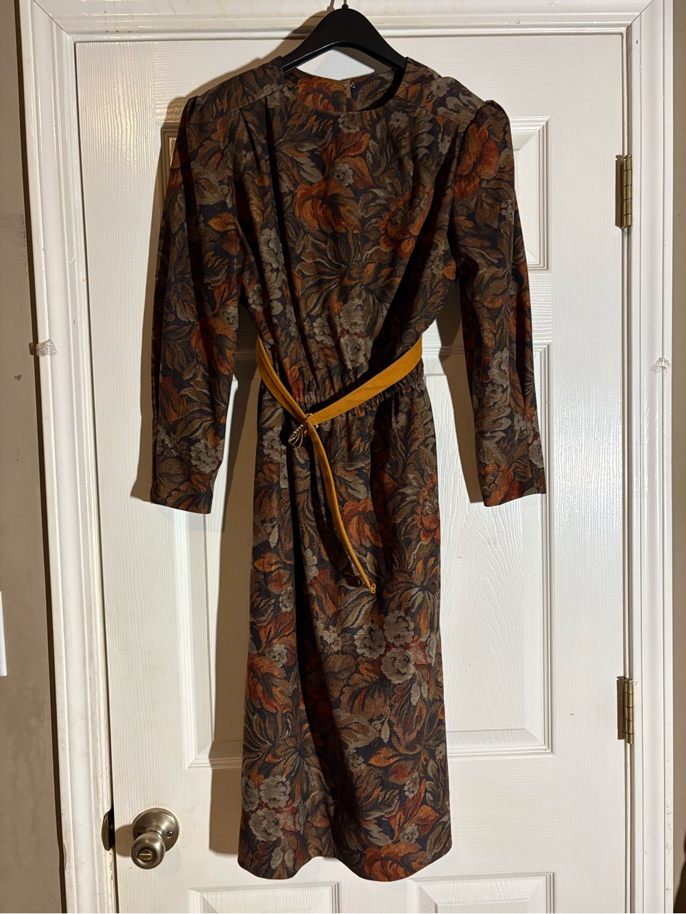 Women's Long Sleeve Dress with Mustard Yellow Open-Front Jacket - Picture 3 of 5